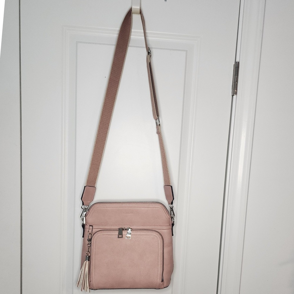 Roulens Blush Pink Crossbody Bag Multi-Pocket Faux Leather Webbed Strap Tassel